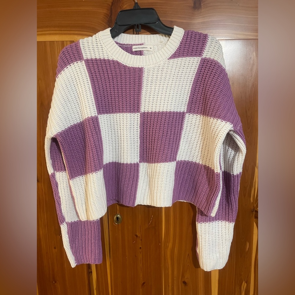 moon & madison Purple and Cream Checkered Cropped Crewneck Sweater